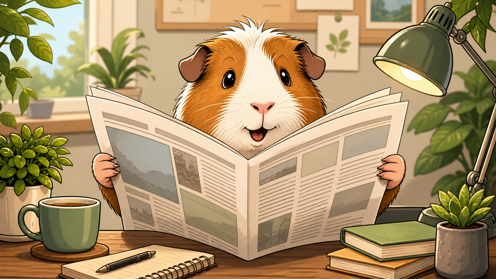 Comic-Meerschweinchen liest Zeitung am Schreibtisch